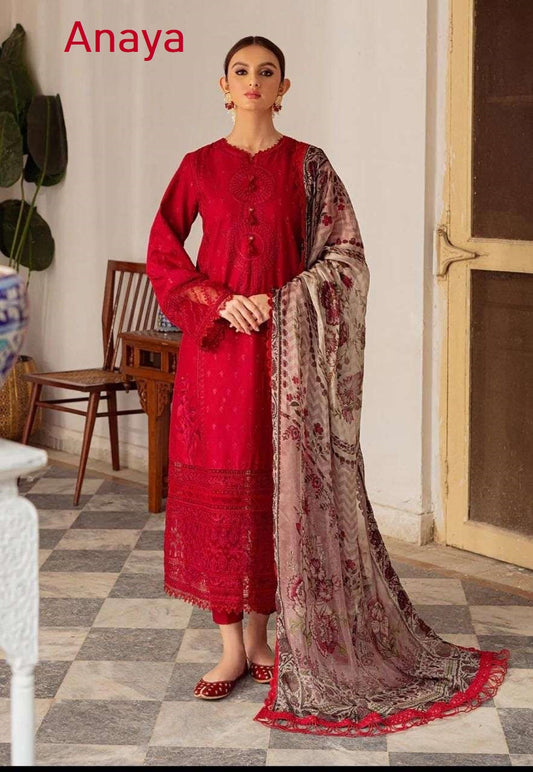 Anaya Pakistani Designer Red Luxury Hit Cotton Embroidered Suit