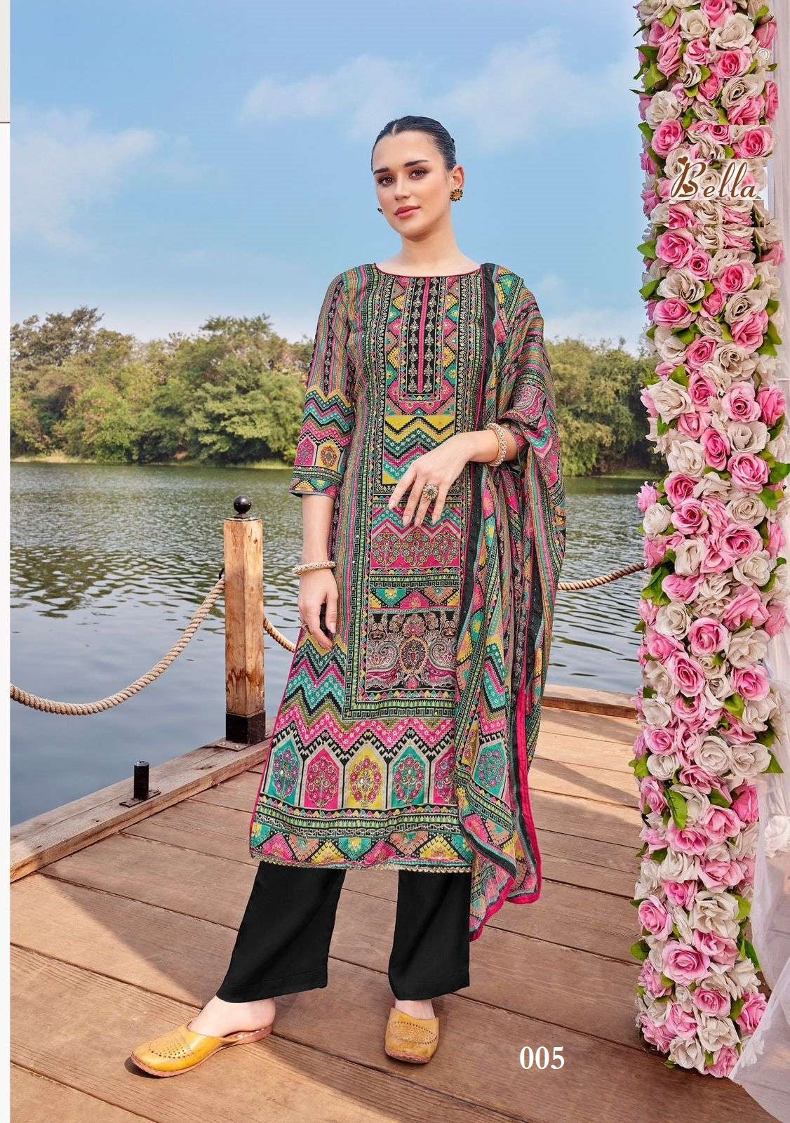 Bella Pakistani Designer Hit Pure Muslin Embroidered Work Suit