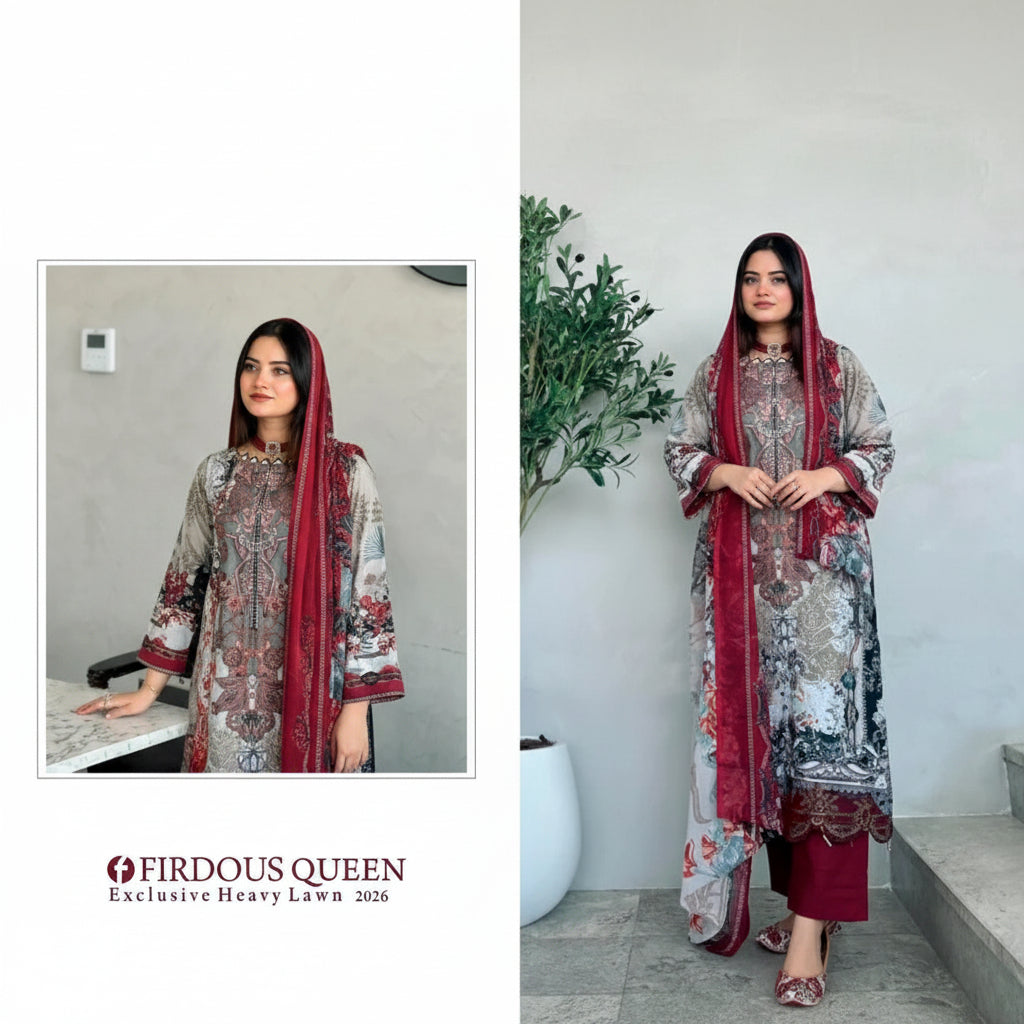Firdous Queen Exclusive Pakistani Designer Embroidered Lawn Suit - AliShaif