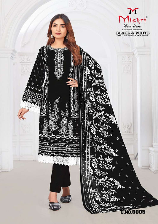 Black & White Pakistani Designer Pure Lawn Cotton Printed With Lace Border Suit
