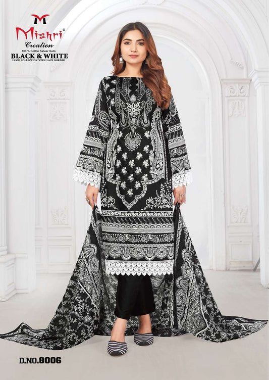 Black & White Pakistani Designer Pure Lawn Cotton Printed With Lace Border Suit