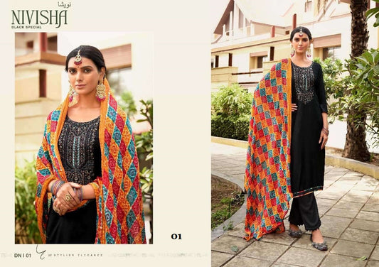 Nivisha Pakistani Designer Black Embroidered Pure Cotton Suit