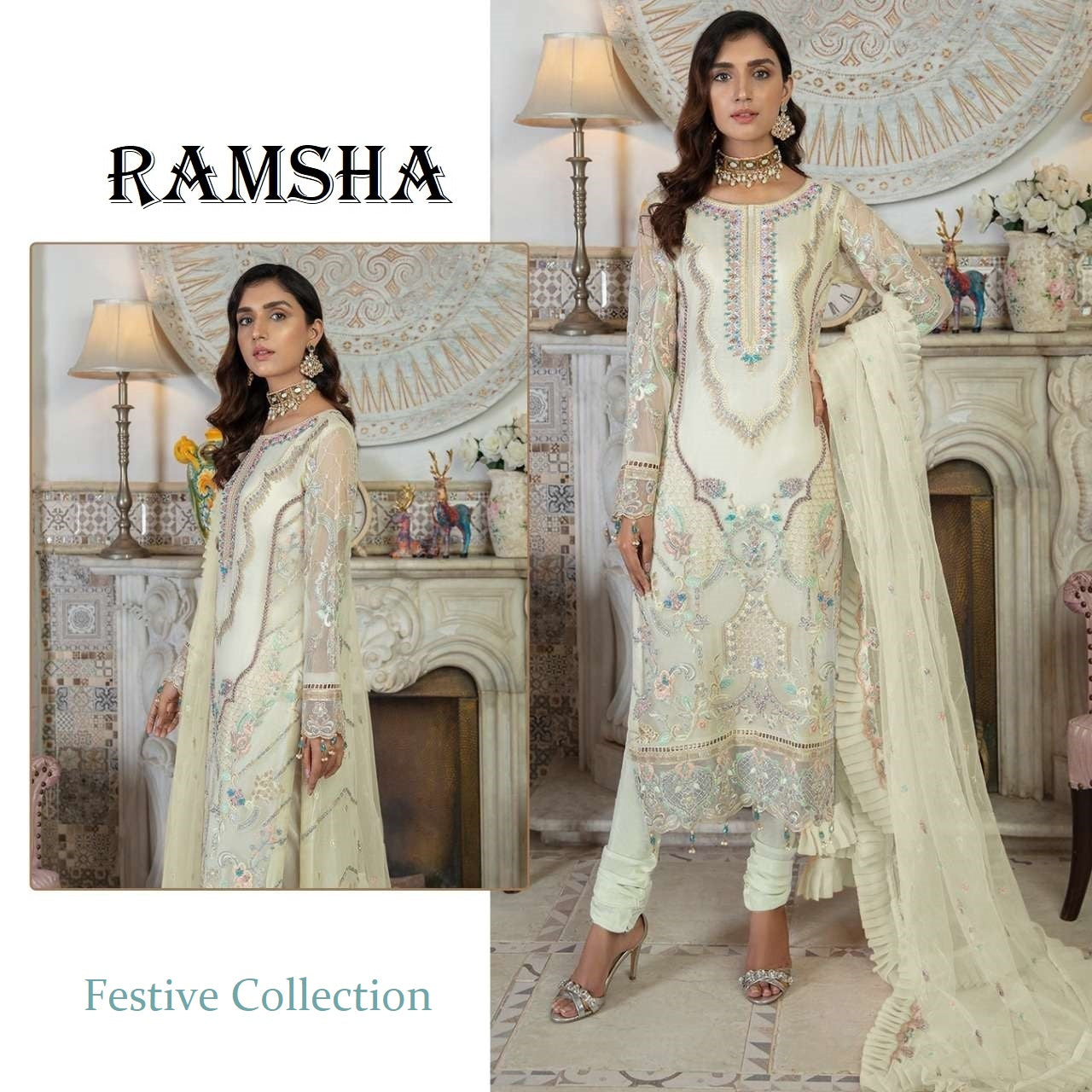 A model wearing a beige Ramsha Pakistani designer luxury classic party wear suit with embroidery and sequins work. The suit includes a top with heavy embroidery, a santoon bottom, and a net dupatta with full heavy embroidery and four side lace work.