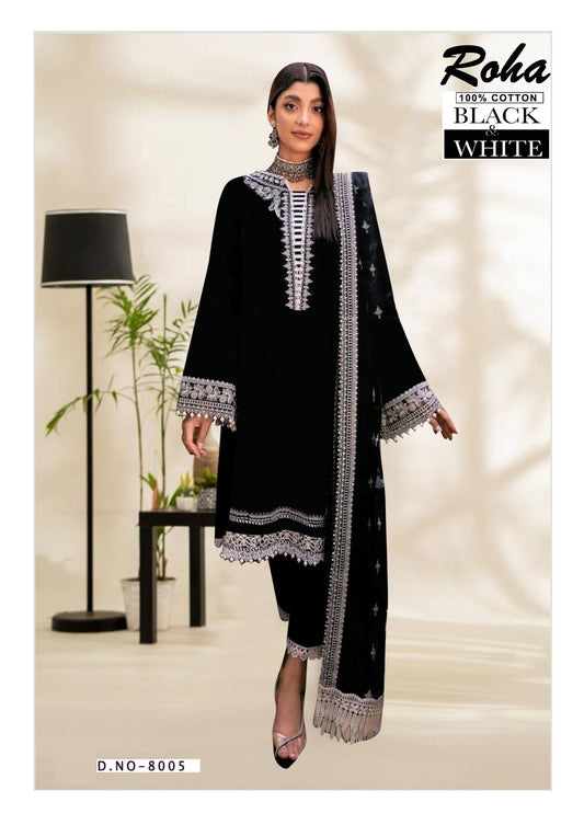 Roha Black & White Pakistani Designer Pure Lawn Cotton Printed Suit