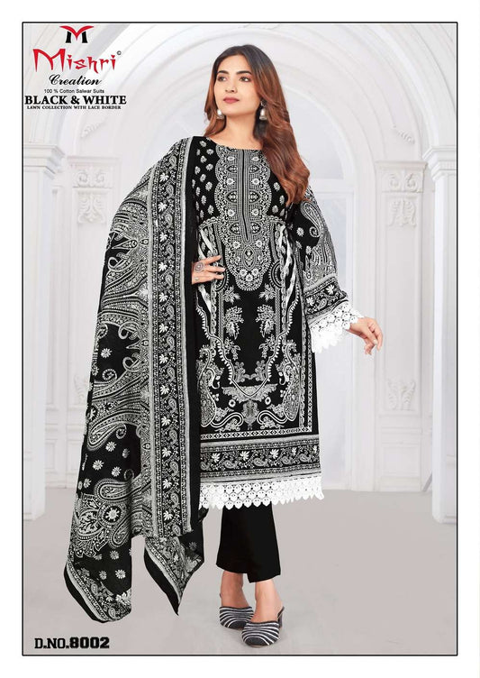 Black & White Pakistani Designer Pure Lawn Cotton Printed With Lace Border Suit