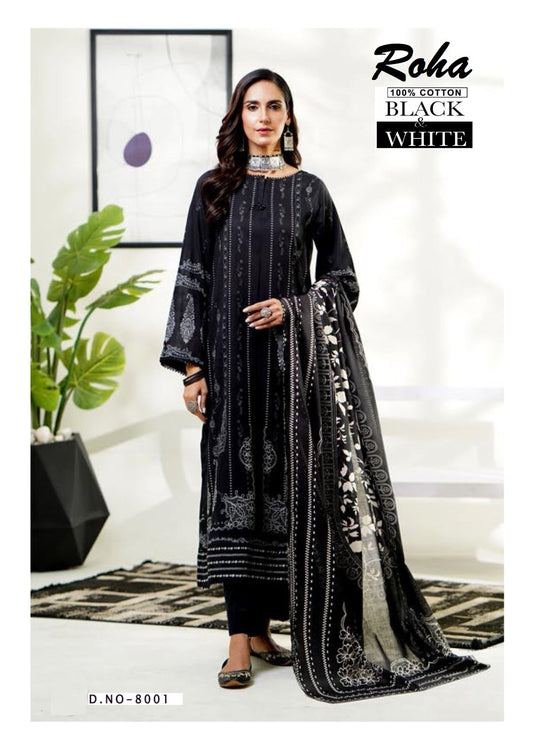 Roha Black & White Pakistani Designer Pure Lawn Cotton Printed Suit