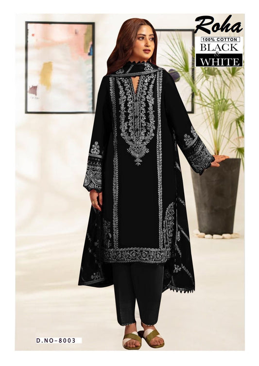 Roha Black & White Pakistani Designer Pure Lawn Cotton Printed Suit