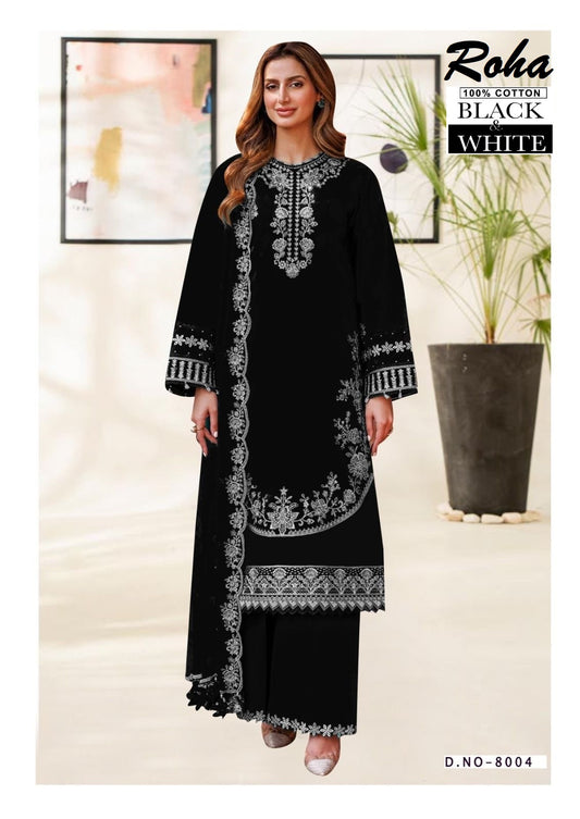 Roha Black & White Pakistani Designer Pure Lawn Cotton Printed Suit