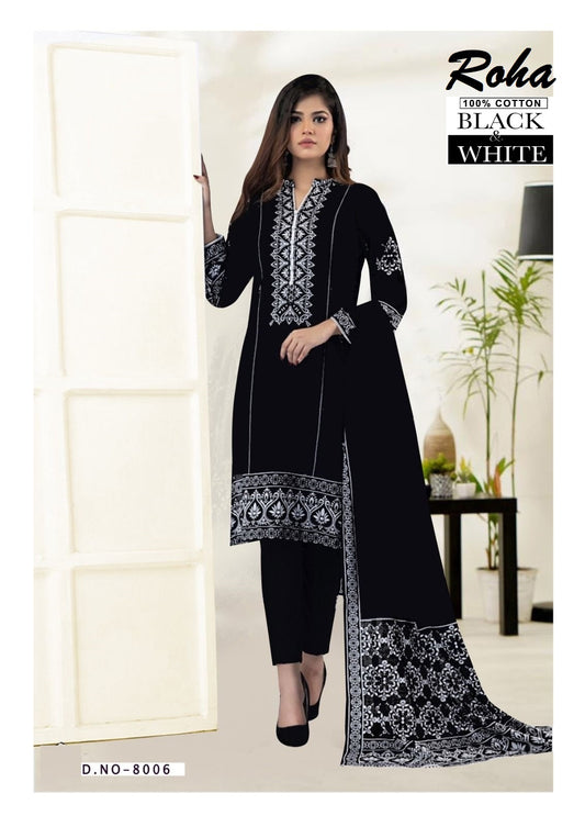 Roha Black & White Pakistani Designer Pure Lawn Cotton Printed Suit