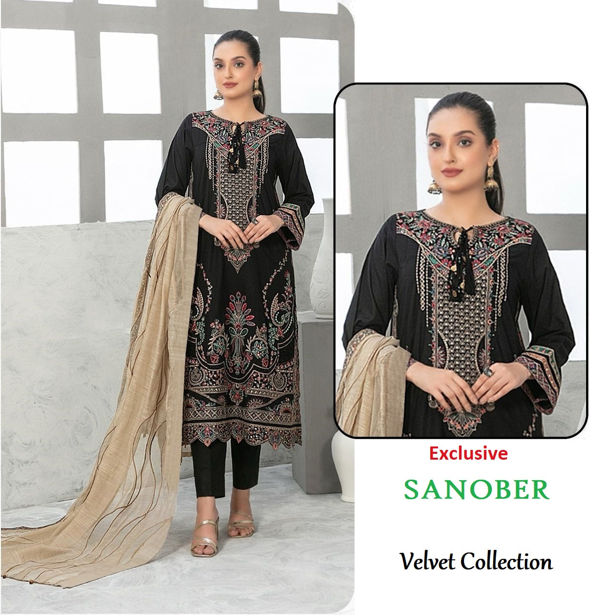 Sanober Pakistani Designer Classic Hit Velvet Embroidered Suit