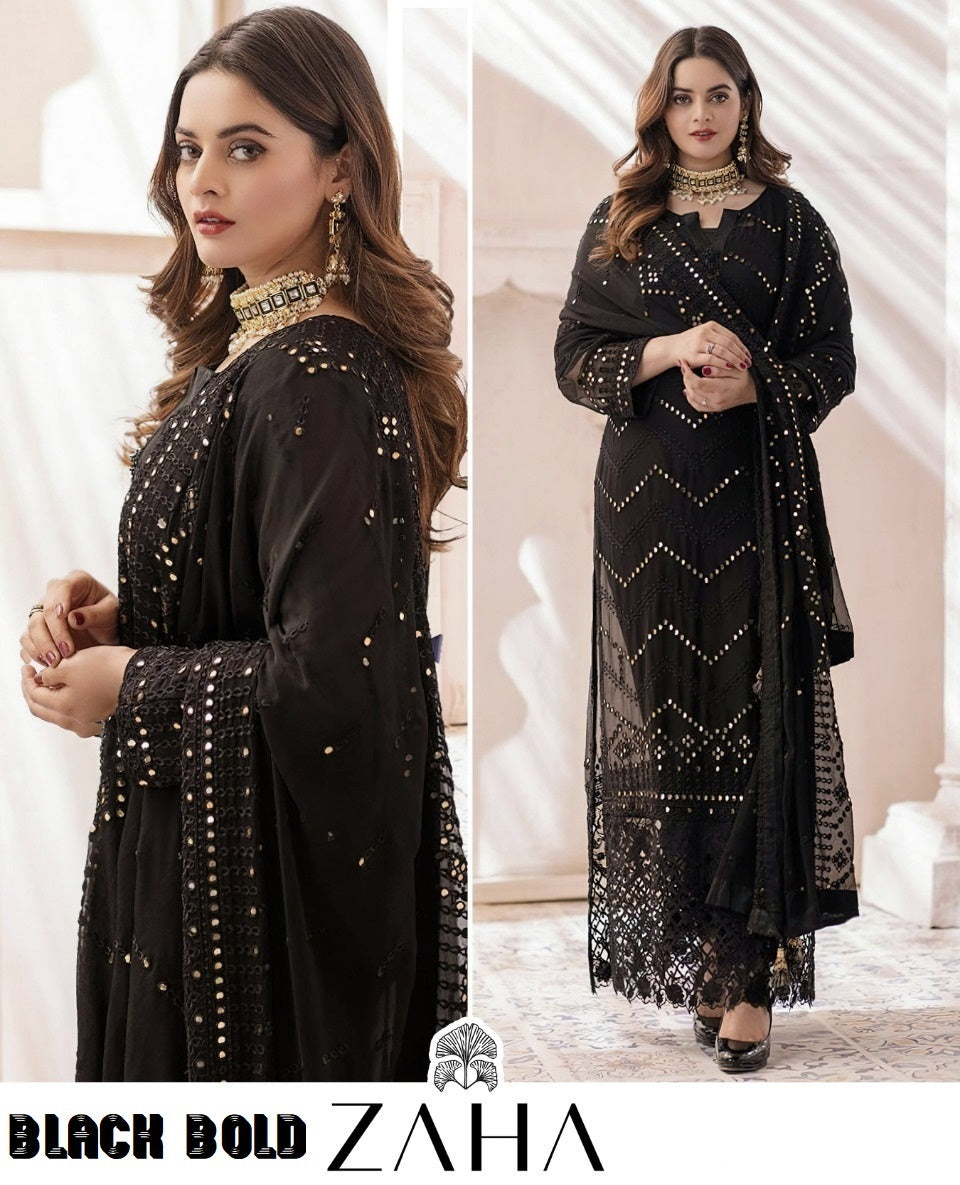 Zaha Pakistani Designer Awesome Black Festive Party Wear Suit AliShaif