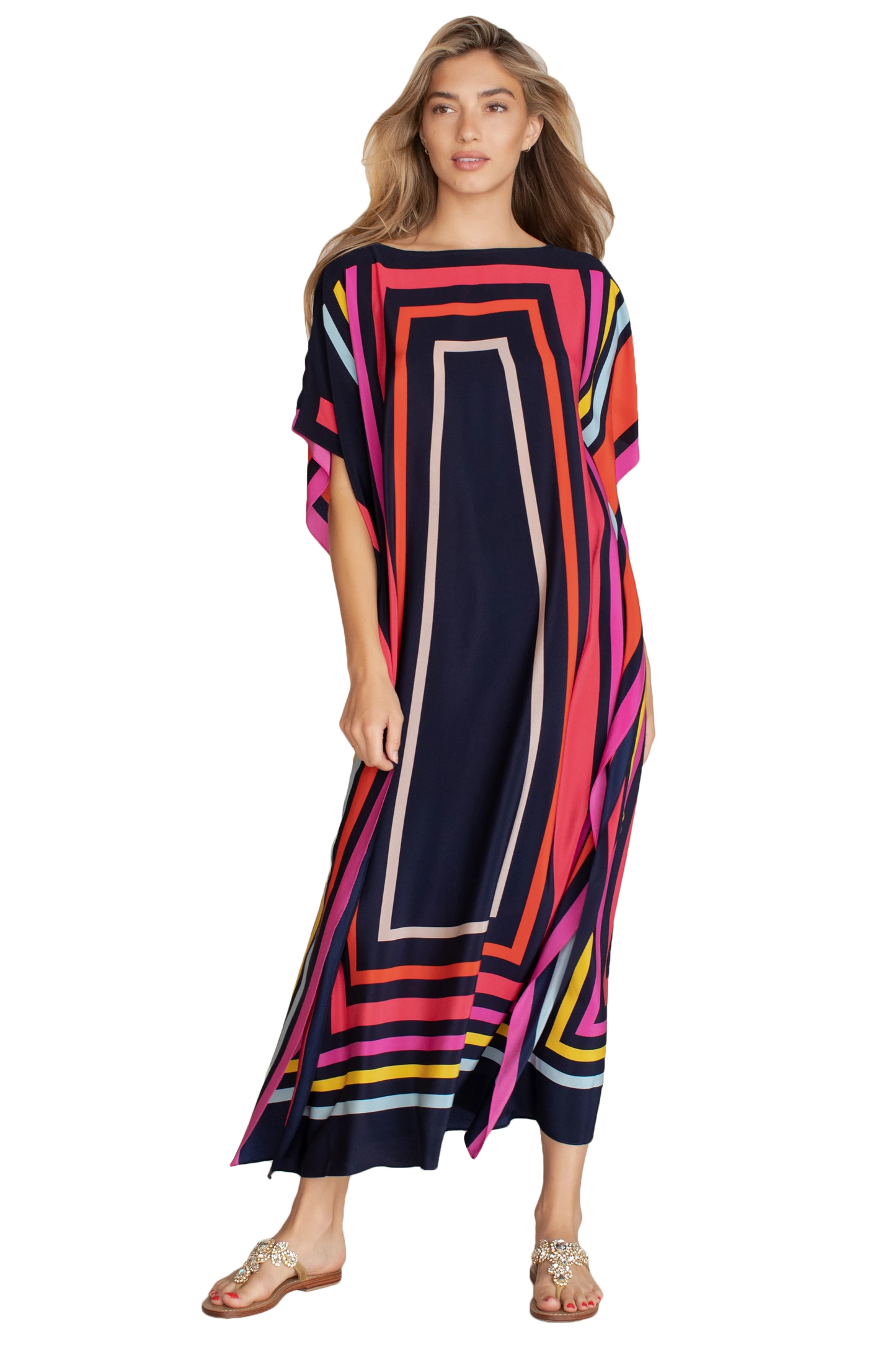 Calf Length Boat Neck Style Women Satin Silk Modest Wear Printed Kaftan