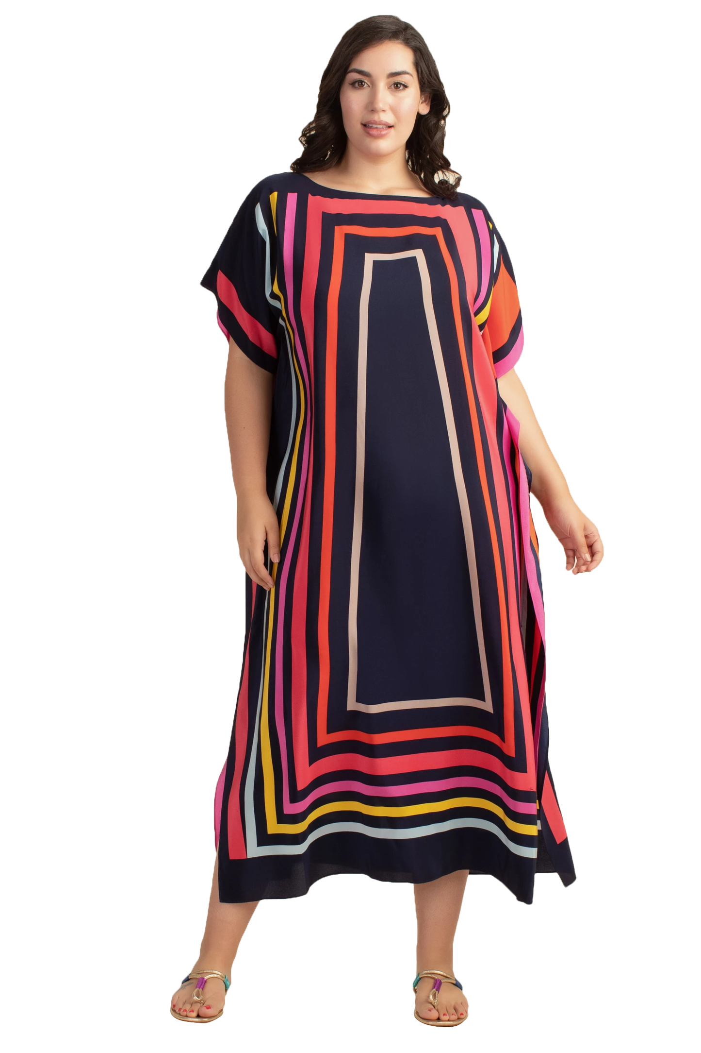 Calf Length Boat Neck Style Women Satin Silk Modest Wear Printed Kaftan