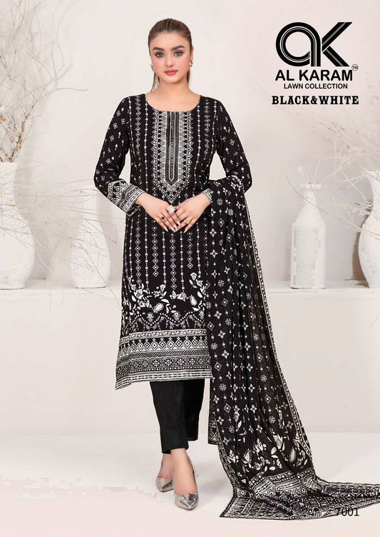 Al Karam Black& White Pure Lawn cotton Printed Suit