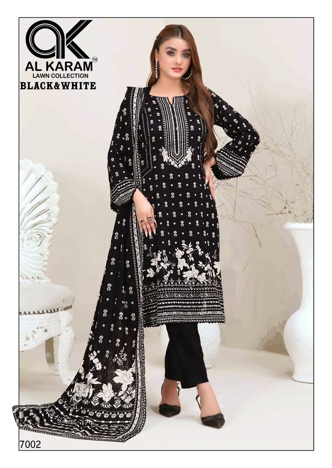 Al Karam Black& White Pure Lawn cotton Printed Suit