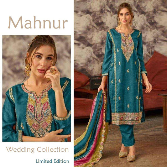 Mahnur Pakistani Designer Silk Embroidered Wedding Party Suit