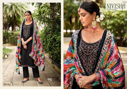 Nivisha Pakistani Designer Black Embroidered Rayon Slub Cotton Suit