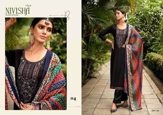 Nivisha Pakistani Designer Black Embroidered Rayon Slub Cotton Suit