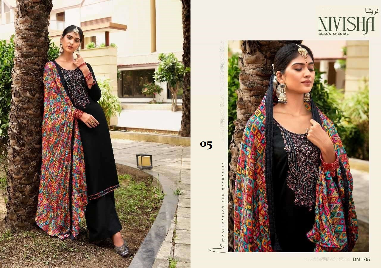 Nivisha Pakistani Designer Black Embroidered Rayon Slub Cotton Suit