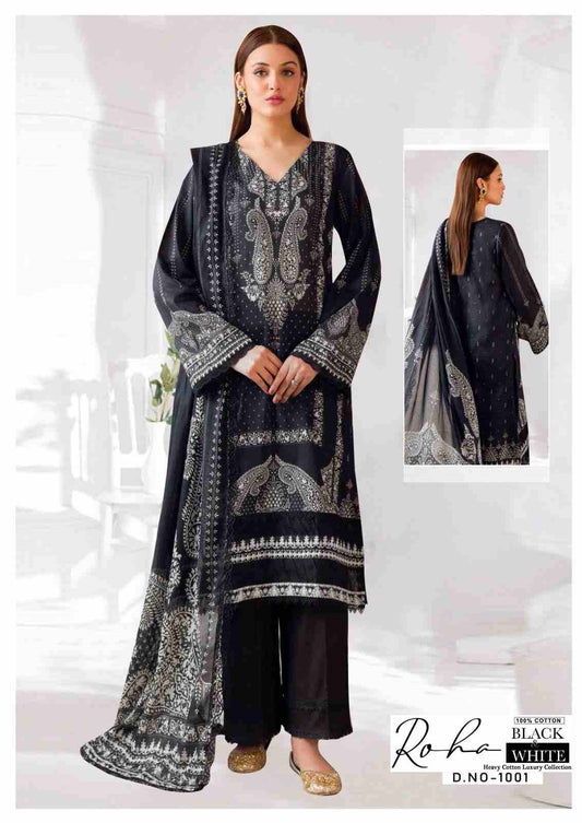 Roha Black & White Pakistani Designer Pure Lawn Cotton Printed Suit