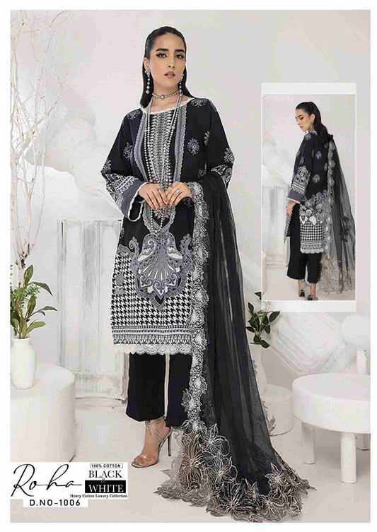 Roha Black & White Pakistani Designer Pure Lawn Cotton Printed Suit