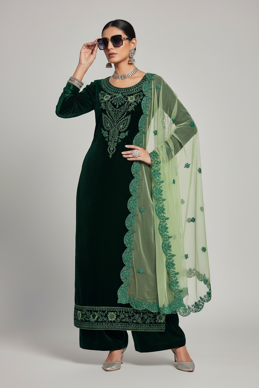 Rukhsana Pakistani Designer Classic Pure Velvet Embroidered Suit
