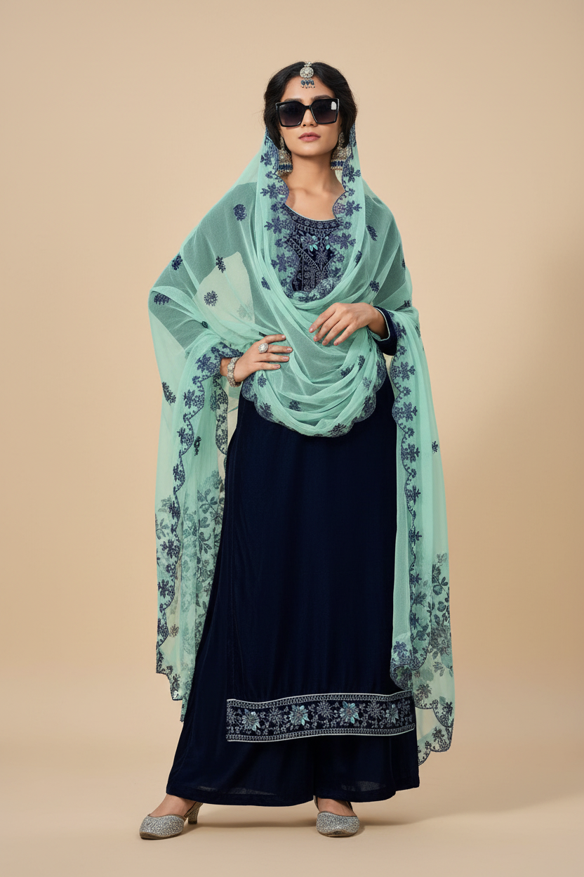 Rukhsana Pakistani Designer Classic Pure Velvet Embroidered Suit