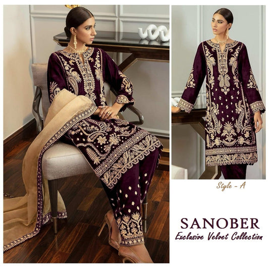 Sanober Pakistani Designer Velvet Embroidered Party Wear Suit