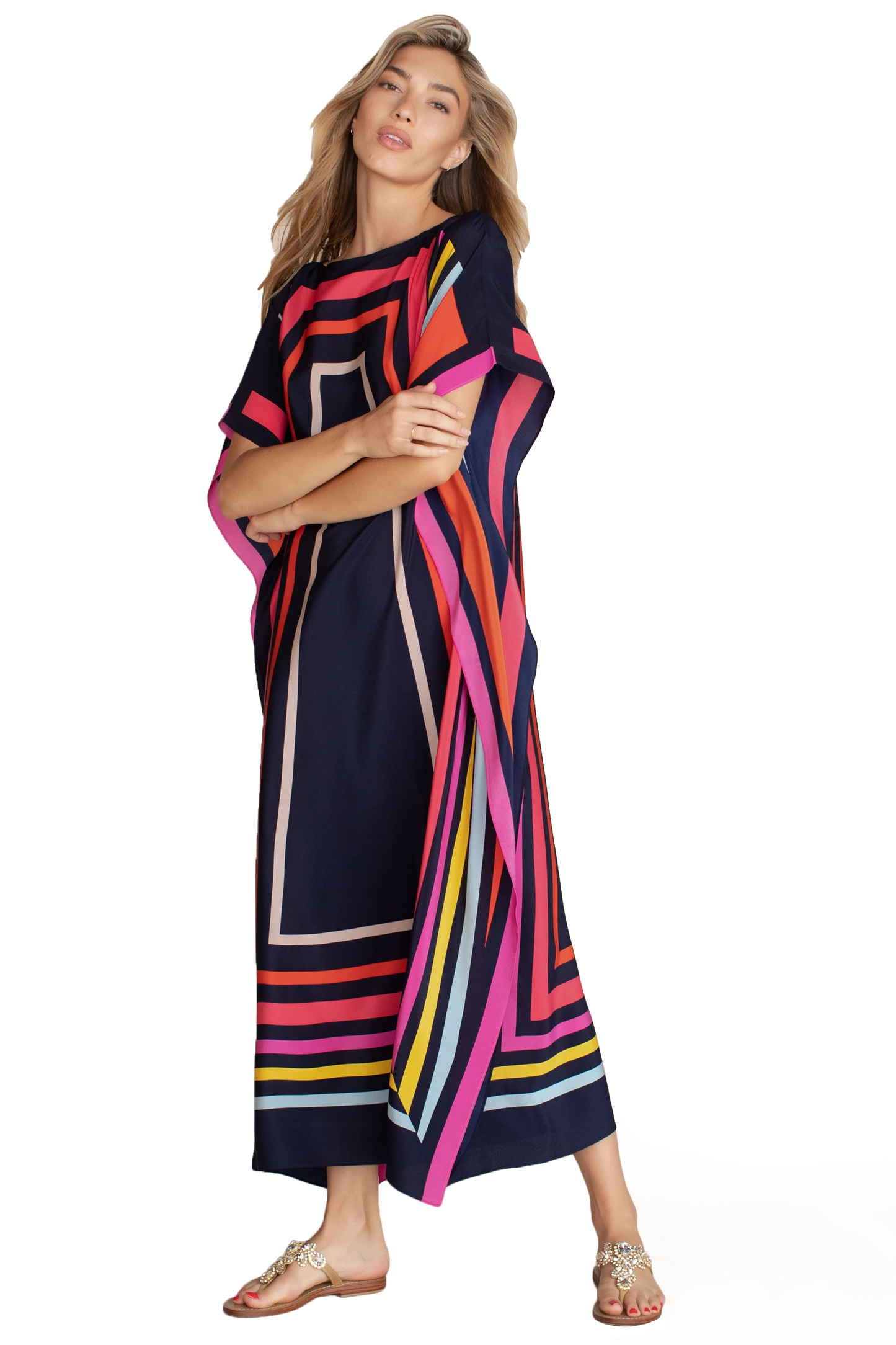 Calf Length Boat Neck Style Women Satin Silk Modest Wear Printed Kaftan